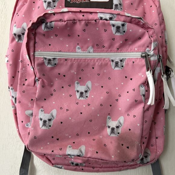 Jansport Backpack Trans Pink Pug Face Dog Heart Print Book Bag Full Size Nice - Picture 3 of 16